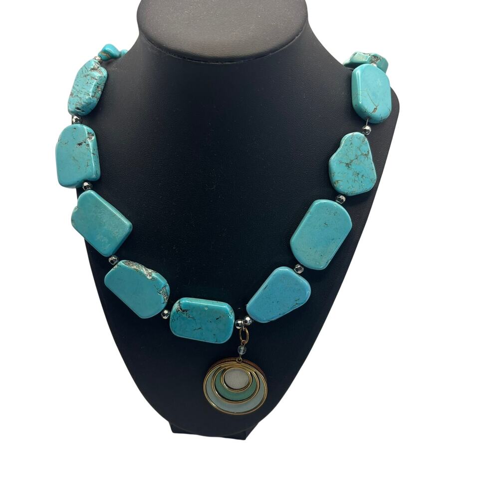 Turquoise Stone Chunky Statement Necklace Large Round Pendant Boho Southwestern
